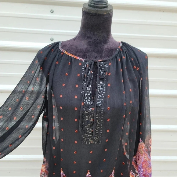 Sunny Leigh Women's Sheer Black Paisley Purple Orange Print Blouse Top Long Sz S - Picture 2 of 9